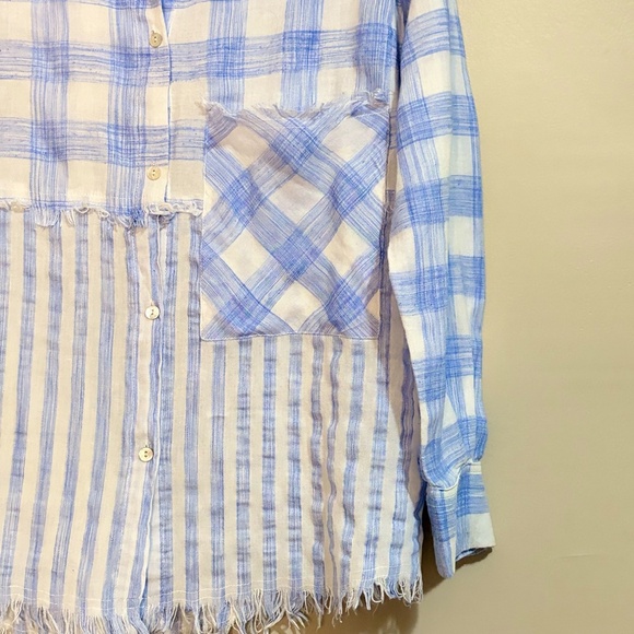 Entro Blue & White Plaid & Stripe Colour Blocked Cotton Button Up Shirt - Picture 7 of 13